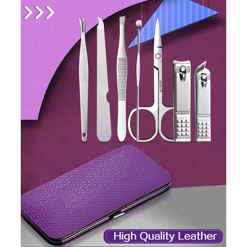  Manibeauty Nail Clippers, Professional 7 in 1 Manicure Pedicure Kit for Fingernails Toenails Grooming, Stainless Steel, with Purple Leather Case