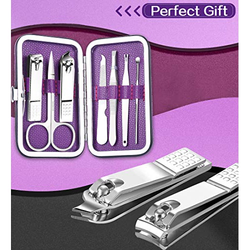  Manibeauty Nail Clippers, Professional 7 in 1 Manicure Pedicure Kit for Fingernails Toenails Grooming, Stainless Steel, with Purple Leather Case
