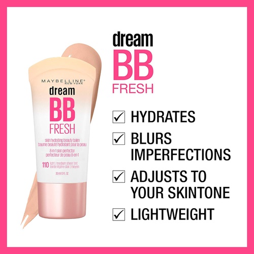  Maybelline New York Maybelline Dream Fresh Skin Hydrating BB cream, 8-in-1 Skin Perfecting Beauty Balm with Broad Spectrum SPF 30, Sheer Tint Coverage, Oil-Free, Light, 1 Fl Oz