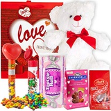 Meet Novelty Valentines Day Gift Basket Set | Teddy Bear Plush, Lindt Lindor Milk Truffles, Hershey Reeses Pieces, Ghirardelli Caramel Chocolate, Tootsie Roll Candy, M&M Minis Tube & V-Day Gift