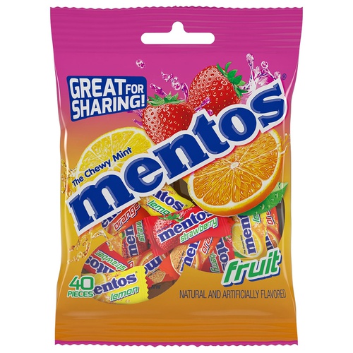  Mentos Chewy Mint Candy, Fruit, Individually Wrapped 40 Piece Bulk Peg Bag