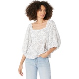 Michael Stars Patsy Linework Flora Square Neck Puff Sleeve Top in Double Gauze