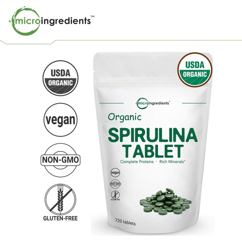  Micro Ingredients Organic Spirulina Supplement (Raw Spirulina Organic Filler Free), 3000MG Per Serving, 720 Tablets (4 Month Supply), Rich in Vegan Protein, Vitamins & Prebiotics, Premium Spirulina