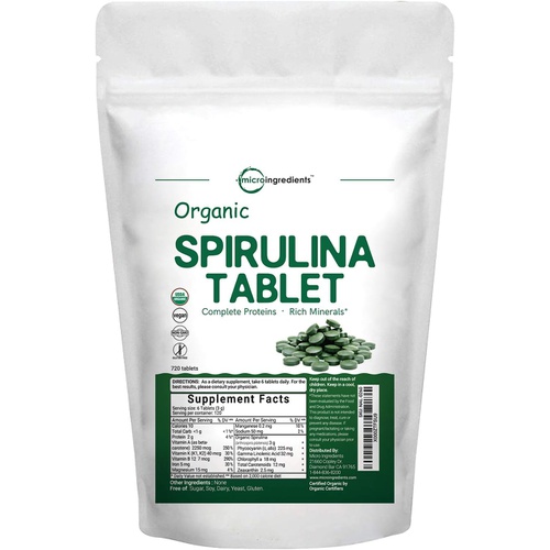  Micro Ingredients Organic Spirulina Supplement (Raw Spirulina Organic Filler Free), 3000MG Per Serving, 720 Tablets (4 Month Supply), Rich in Vegan Protein, Vitamins & Prebiotics, Premium Spirulina