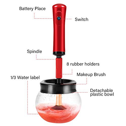  Mixigoo Makeup Brush Cleaner Dryer - Electric Spinner Cleaner Super Fast with 8 Rubber Collars Tools Suitable for Most Makeup Brushes (White) (Red)