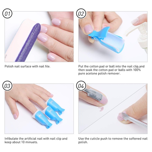  Modelones Nail Polish Remover Clips Cap 10 Pieces, Lint-free Cotton Pad (150 Pcs), 7 Ways nail File Buffer, Manicure Tool Nail Brush Cuticle Pusher Stainless Steel Material