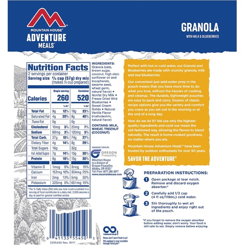  Mountain House Granola with Milk & Blueberries | Freeze Dried Backpacking & Camping Food | Survival & Emergency Food