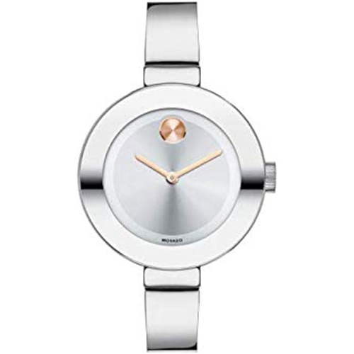  Movado Womens BOLD Bangles Stainless Steel Watch with Sunray Dial, Silver/Gold/Pink (Model 3600194)
