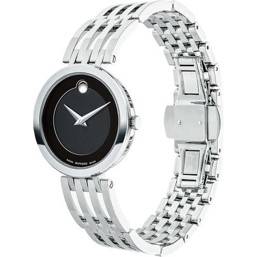  Movado Womens Esperanza Stainless Steel Watch with a Concave Dot Museum Dial, Silver/Black (607051)