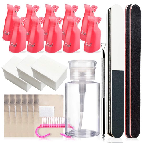  Gel Nail Polish Remover Kit for Acrylic/UV Gel/Soak-Off Polish Removal, Nail Clips to Remove Polish Set with Cotton Pads/Acetone Pump Dispenser/Nail Foil Wraps/Cuticle Pusher/Nail