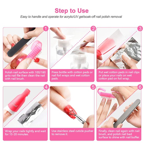  Gel Nail Polish Remover Kit for Acrylic/UV Gel/Soak-Off Polish Removal, Nail Clips to Remove Polish Set with Cotton Pads/Acetone Pump Dispenser/Nail Foil Wraps/Cuticle Pusher/Nail