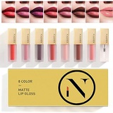 NAQIER Matte Velvet Lip Gloss Set, 8PCS Nude Liquid Lipstick Moisturizer Smooth, Waterproof Lip Cream with Clear Lipgloss for Women gift