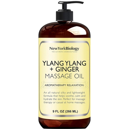  NEW YORK BIOLOGY THE ULTIMATE COSMECEUTICALS New York Biology Ylang Ylang and Ginger Massage Oil - 100% Natural Ingredients - Sensual Body Oil Made with Essential Oils For Muscle Relaxation and Deep Tissue - 9 Fl. oz