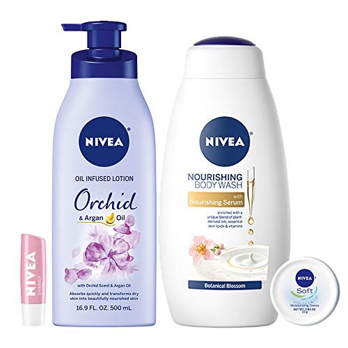  NIVEA In Bloom Variety Pack  4 Piece with Body Lotion, Body Wash, Lip Balm, and Multipurpose Cream