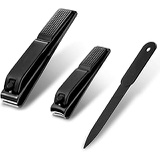 JOM Nail Clipper Set 3pcs-Black Stainless Steel, Fingernails, Toenails Clippers and Nail file with case for Men, Women and Children