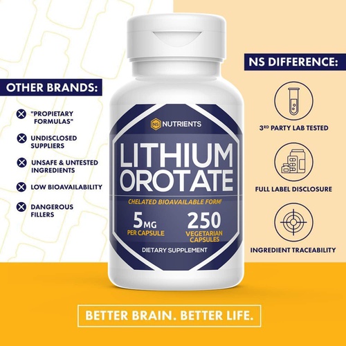  Natural Stacks Lithium Orotate 5 mg (250 Capsules) Memory Supplement for Brain & Mood Support - Chelated Lithium Mood Enhancer Memory Pills for Brain - Gluten free, Dairy free, Soy free