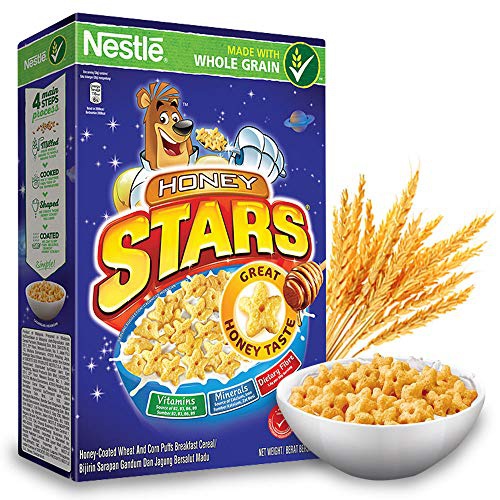  NESTLE Honey Stars Breakfast Cereal - Healthy Whole Grain Honey Taste Cereals - Source of Fiber, Iron, Calcium, Vitamins & Minerals - Imported from Malaysia, 300g