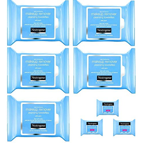  Neutrogena Makeup Remover Cleansing Towelettes, Daily Face Wipes to Remove Dirt, Oil, Makeup & Waterproof Mascara, 25 ct (5 pack + 3 Bonus Pouches)