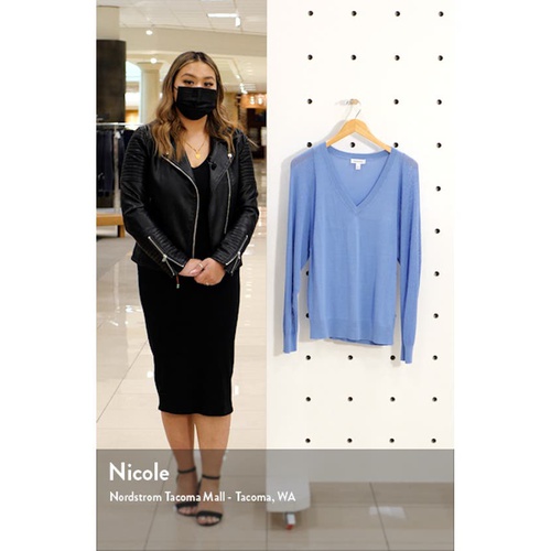노드스트롬 Nordstrom V-Neck Pointelle Sleeve Sweater_BLUE CORNFLOWER