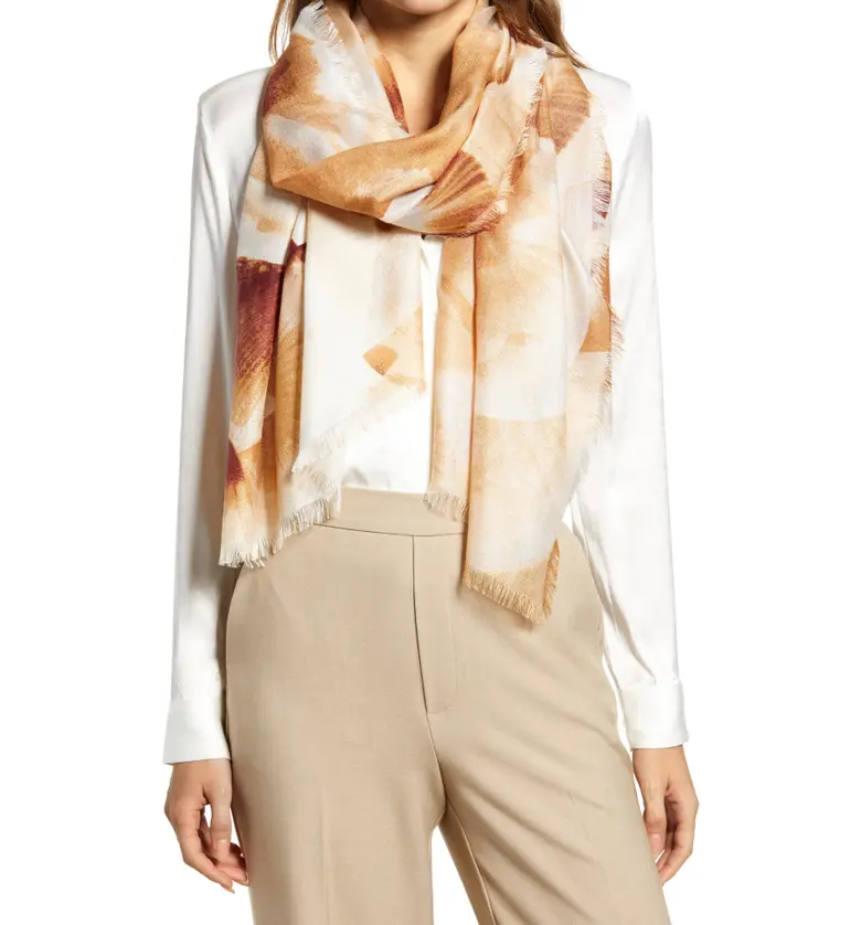 Nordstrom Eyelash Trim Print Cashmere & Silk Wrap_TAN FANNING DOTS