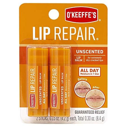 OKeeffes Unscented Lip Repair Lip Balm for Dry, Cracked Lips, Stick, Twin Pack, Clear, K0700432
