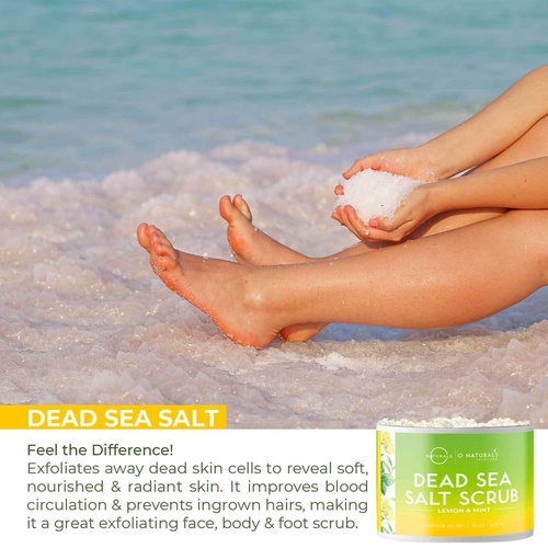  O Naturals Exfoliating Lemon Oil Dead Sea Salt Deep-Cleansing Face & Body Scrub. Anti-Cellulite Tones Helps Oily Skin, Acne, Ingrown Hairs & Dead Skin Remover. Essential Oils, Swee