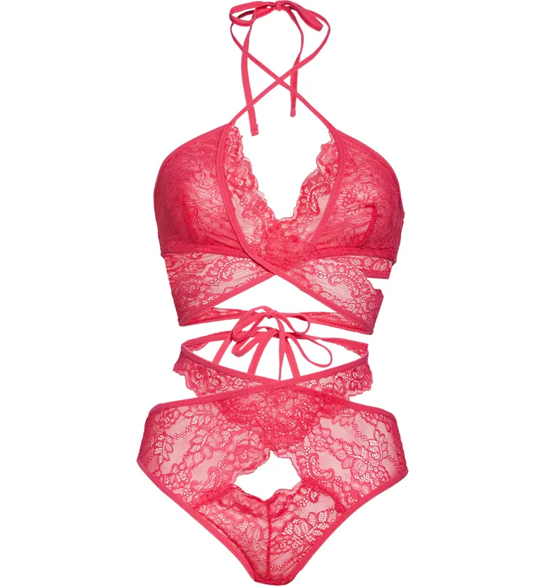  Oh La La Cheri Charlena Crossover Halter Bralette & High Waist Panties Set_BRIGHT ROSE