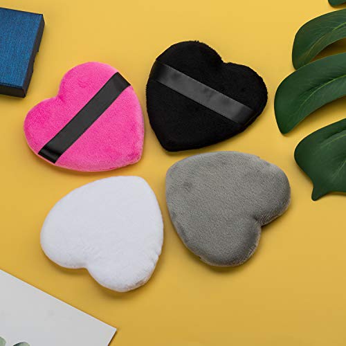  OIIKI 4PCS Makeup Blendiful Puffs, Cotton Powder Puff, Makeup Tool Beauty Sponges Blender Cleanser, in Love Shape with Strap, for Cosmetic (Gray+White+Rose+Black)