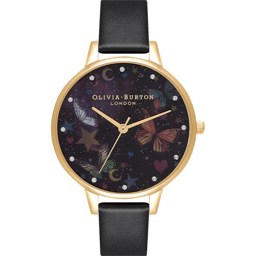  Olivia Burton Night Garden Leather Strap Watch, 30mm_Black