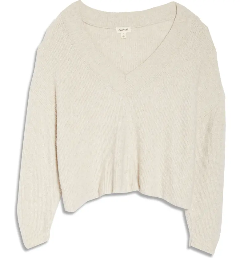  Open Edit Rib Crop V-Neck Sweater_BEIGE OATMEAL MEDIUM HEATHER