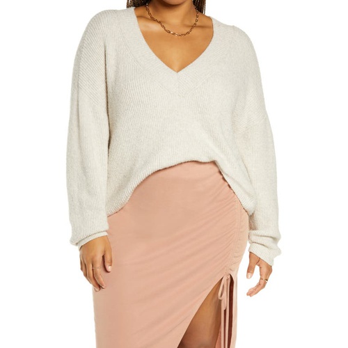  Open Edit Rib Crop V-Neck Sweater_BEIGE OATMEAL MEDIUM HEATHER