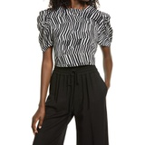 Open Edit Twist Back Ruched Sleeve Top_BLACK- WHITE FRACTURED LINES