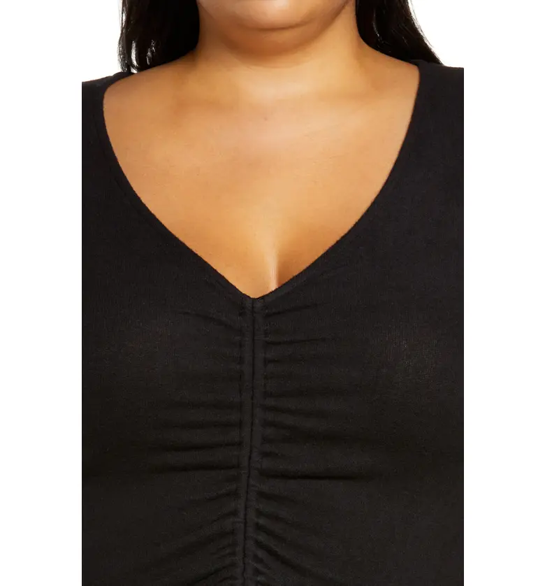  Open Edit Ruched V-Neck Top_BLACK