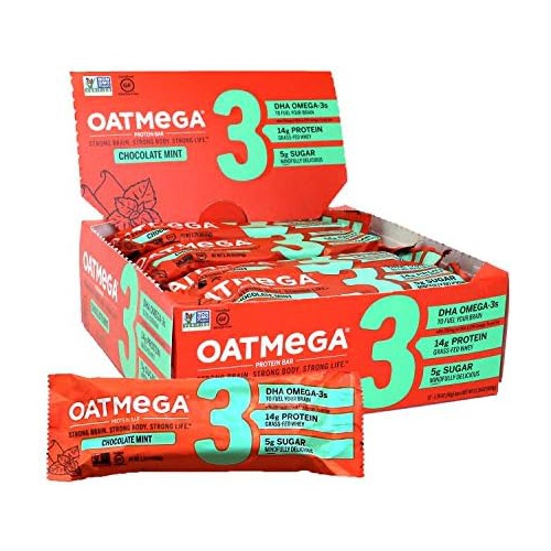  Oatmega Protein Bars, Chocolate Mint, Healthy Snacks Made with Omega-3 and Grass-Fed Whey Protein, Gluten Free Protein Bars, 1.8oz (12 Count)