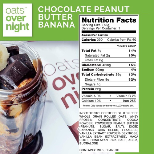  Oats Overnight - Chocolate Peanut Butter Banana (8 Pack) High Protein, Low Sugar Meal Replacement Breakfast Shake - Gluten Free, High Fiber, Non GMOOatmeal(2.7oz per pack)