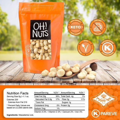 Oh! Nuts Oven Roasted Macadamia Nuts | Dry-Roast, Unsalted, & Gluten-Free | All-Natural, Additive-Free Healthy Snack | Large-Sized, No Oil Keto Snacks in Resealable 1-Pound Bag for