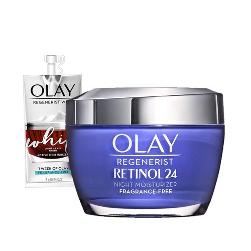  Olay Regenerist Retinol 24 Night Moisturizer FragranceFree + Whip Face Moisturizer Travel/Trial Size Gift Set, Retinol 24 Night Face Cream, Fragrance Free, 1 Count