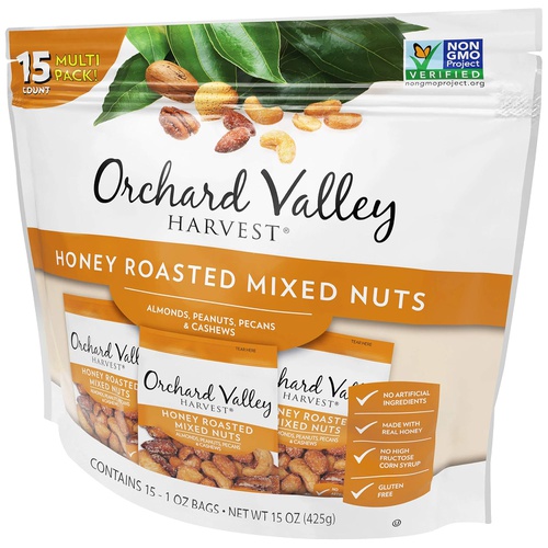  ORCHARD VALLEY HARVEST Honey Roasted Mixed Nuts, 1 oz (Pack of 15), Non-GMO, No Artificial Ingredients