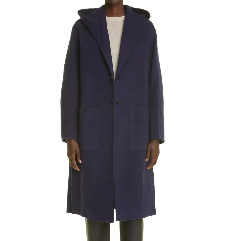 Proenza Schouler White Label Hooded Virgin Wool & Cashmere Blend Double Face Coat_NAVY