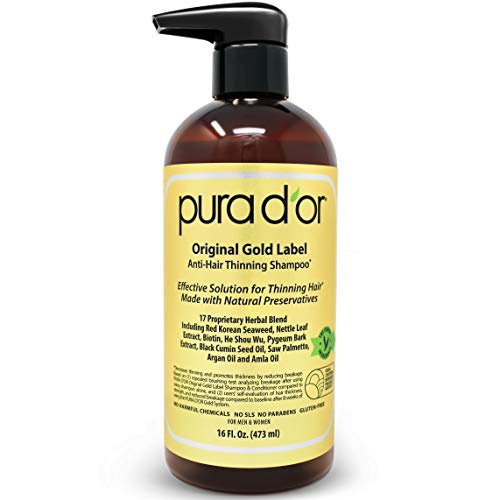  PURA DOR Original Gold Label Anti-Thinning Biotin Shampoo (16oz) w/ Argan Oil, Nettle Extract, Saw Palmetto, Red Seaweed, 17+ DHT Herbal Actives, No Sulfates, Natural Preservatives