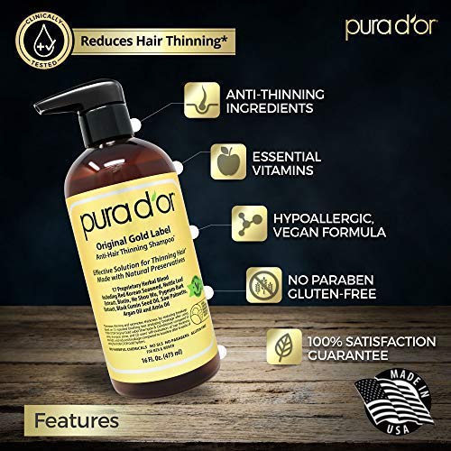  PURA DOR Original Gold Label Anti-Thinning Biotin Shampoo (16oz) w/ Argan Oil, Nettle Extract, Saw Palmetto, Red Seaweed, 17+ DHT Herbal Actives, No Sulfates, Natural Preservatives