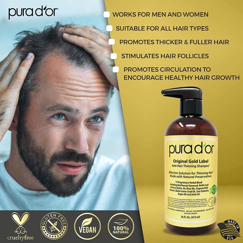  PURA DOR Original Gold Label Anti-Thinning Biotin Shampoo (16oz) w/ Argan Oil, Nettle Extract, Saw Palmetto, Red Seaweed, 17+ DHT Herbal Actives, No Sulfates, Natural Preservatives