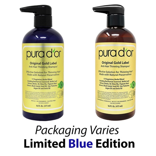  PURA DOR Original Gold Label Anti-Thinning Biotin Shampoo (16oz) w/ Argan Oil, Nettle Extract, Saw Palmetto, Red Seaweed, 17+ DHT Herbal Actives, No Sulfates, Natural Preservatives