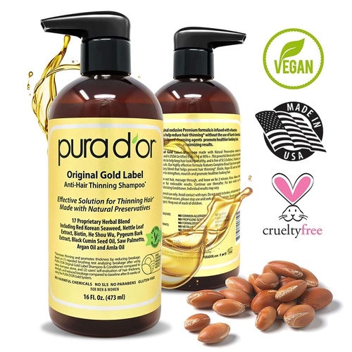  PURA DOR Original Gold Label Anti-Thinning Biotin Shampoo (16oz) w/ Argan Oil, Nettle Extract, Saw Palmetto, Red Seaweed, 17+ DHT Herbal Actives, No Sulfates, Natural Preservatives