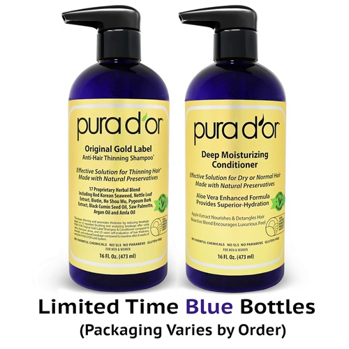  PURA DOR Biotin Original Gold Label Anti-Thinning (16oz x 2) Shampoo & Conditioner Set, Clinically Tested Effective Solution w/ Herbal DHT Ingredients, All Hair Types, Men & Women