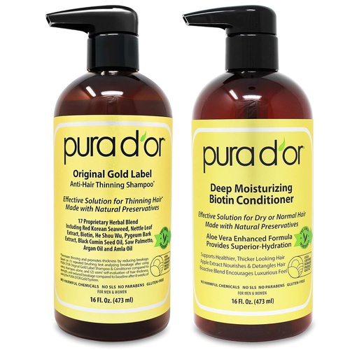  PURA DOR Biotin Original Gold Label Anti-Thinning (16oz x 2) Shampoo & Conditioner Set, Clinically Tested Effective Solution w/ Herbal DHT Ingredients, All Hair Types, Men & Women