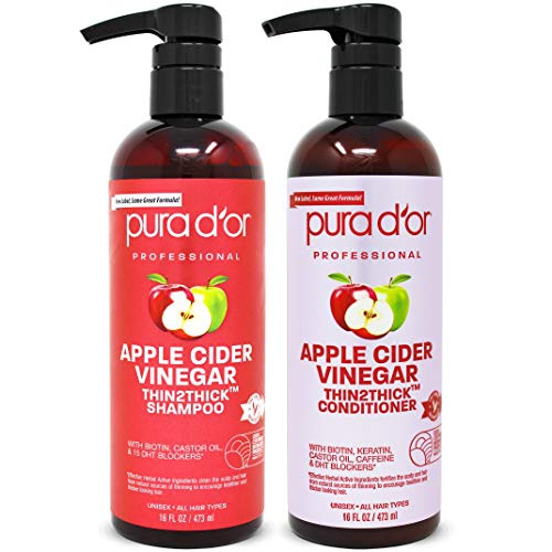 PURA DOR Apple Cider Vinegar Thin2Thick Set Shampoo Conditioner for Regrowth, Hair Loss, Clarifying, Detox (2 x 16oz) Biotin, Keratin, Caffeine, Castor Oil, All Hair Type, Men/Wome