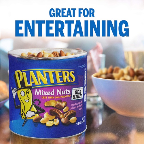  Planters Mixed Nuts (56 oz Canister) | Variety Mixed Nuts with Less Than 50% Peanuts with Peanuts, Almonds, Cashews, Hazelnuts, Pecans & Sea Salt