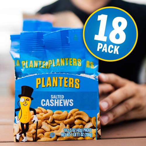  Planters Salted Cashews, 1.5 oz. Bags (18 Pack) - Individually Packed Snacks On The Go - Snacks For Adults - Quick Snacks - Kosher