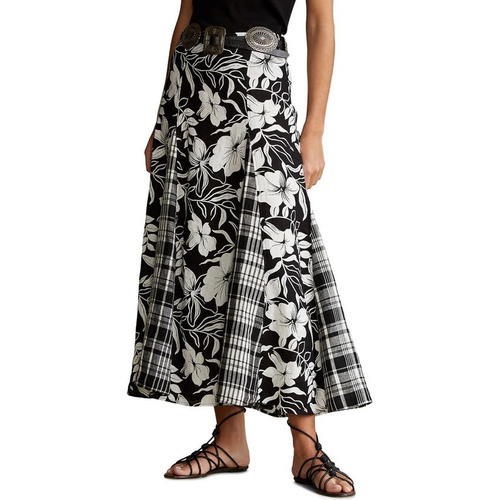 폴로 랄프로렌 Polo Ralph Lauren Floral & Plaid Linen Skirt_BLACK/ WHITE FLORAL